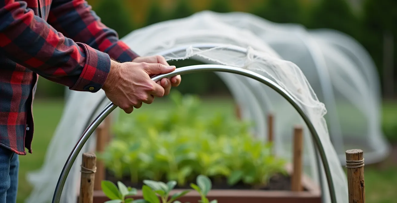 Structure tunnel avec arceaux métalliques supportant un filet anti-insectes au-dessus de rangées de légumes