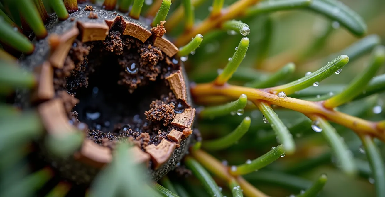 Vue rapprochée de l'intérieur d'une haie de cèdres montrant le brunissement central causé par le manque de lumière