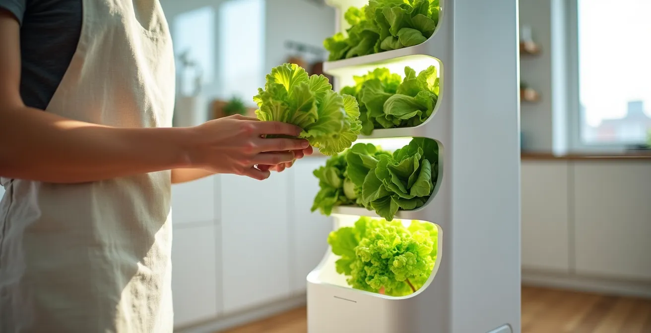 Tour de culture verticale moderne avec plusieurs étages de laitues vertes luxuriantes dans un intérieur lumineux