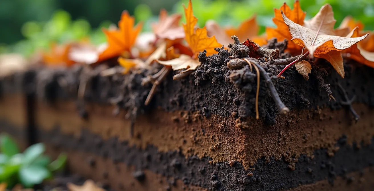 Vue en coupe d'un bac potager montrant les différentes couches de remplissage selon la méthode Hugelkultur