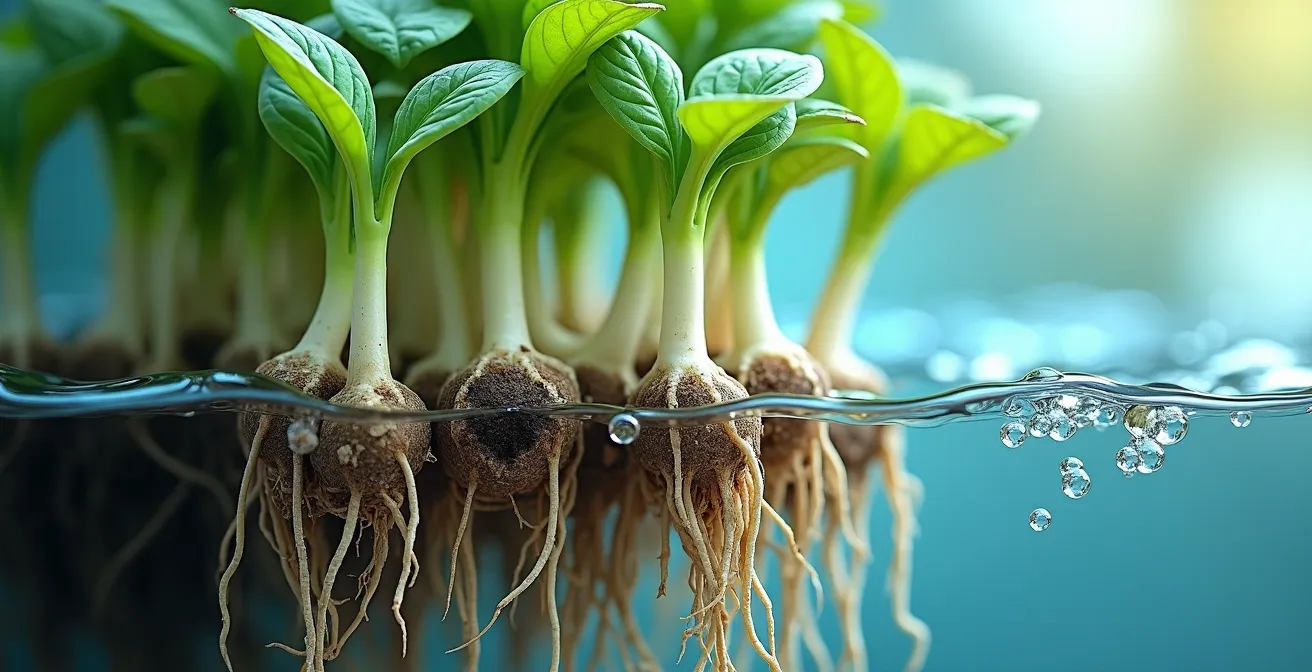 Gros plan sur des racines de plante en transition de terre vers l'eau avec nouvelles racines blanches