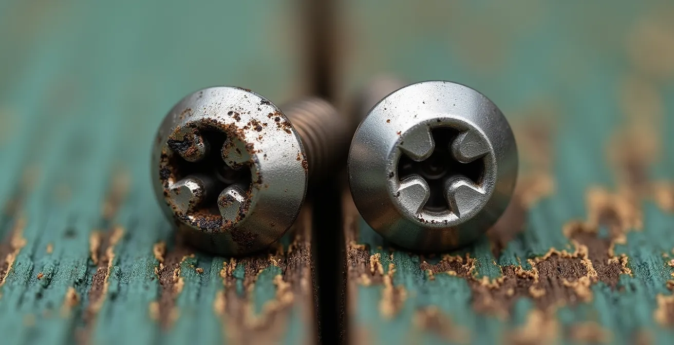 Comparaison macro de vis corrodées et inoxydables dans du bois traité ACQ