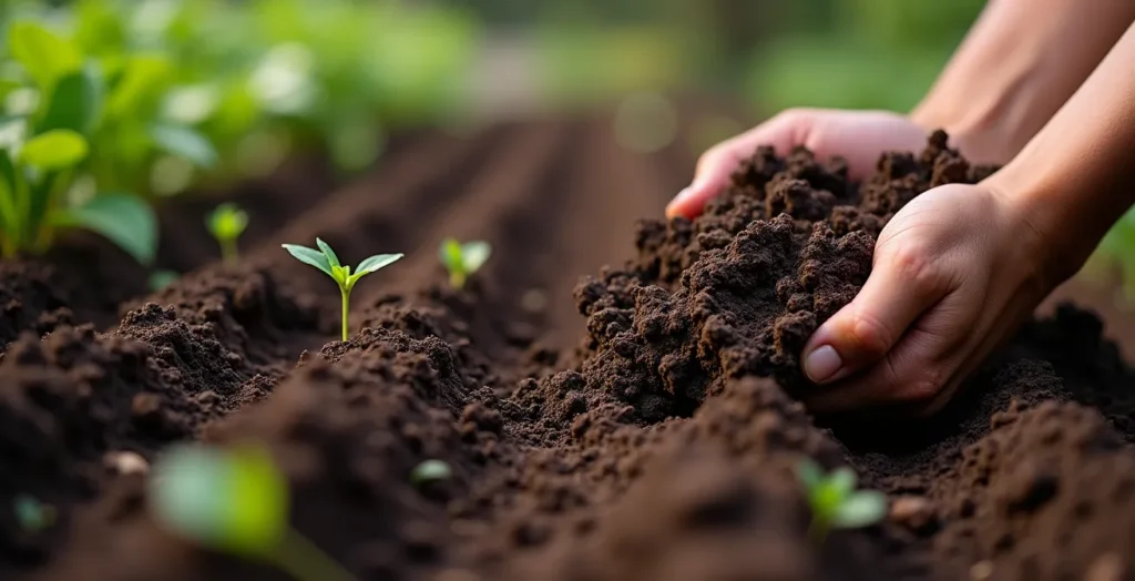 Sol riche amendé avec compost local et mycorhizes, mains d'un jardinier québécois travaillant la terre